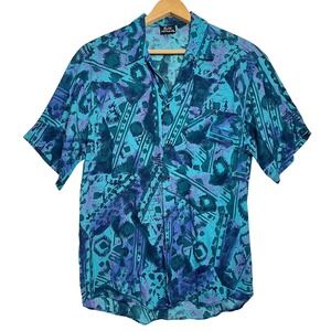 Vtg Bonโ Homme 100% Rayon Button Up Aztek Southwestern Teal Blue Sz S